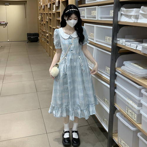 大码夏季学院风娃娃领收腰连衣裙