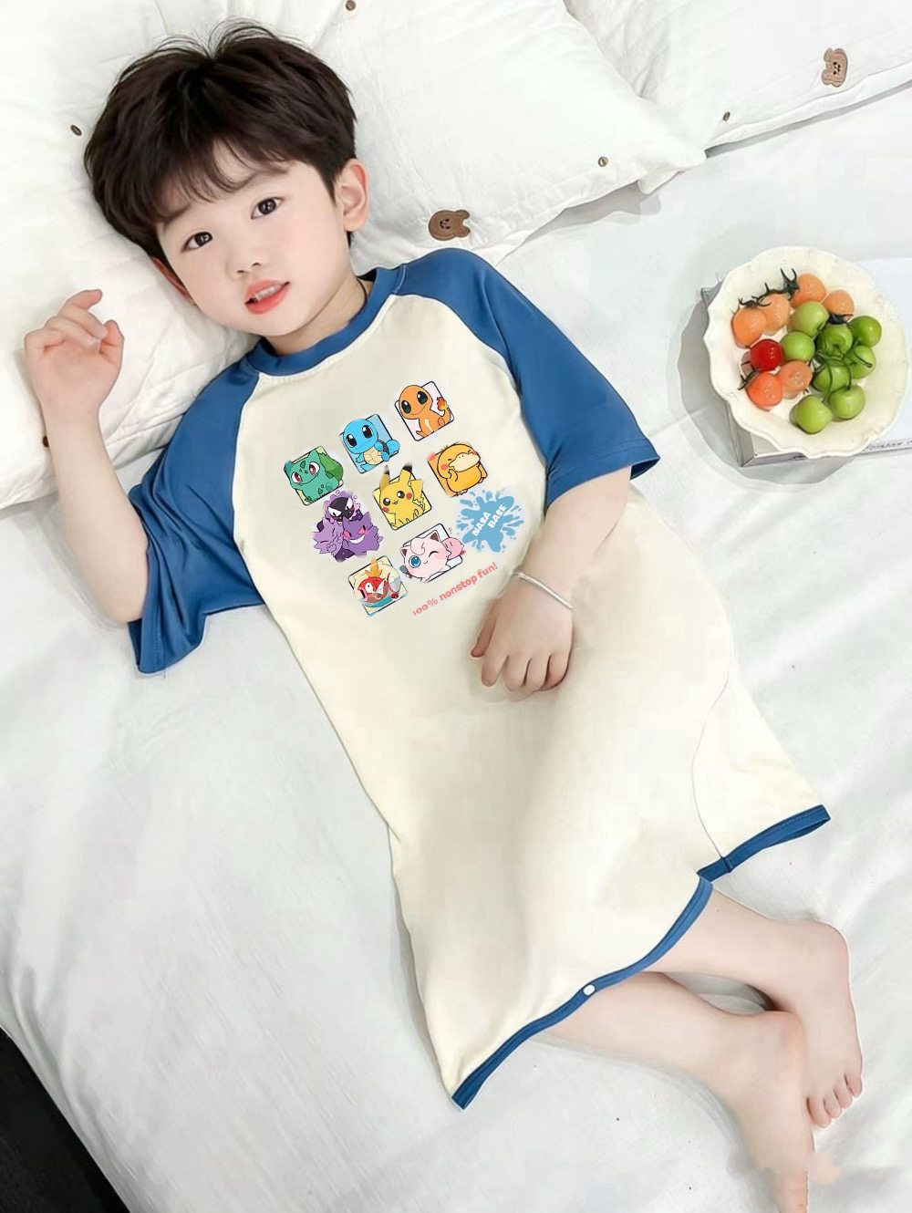 儿童睡裙夏季新款纯棉男童睡衣中大童家居服男孩半袖睡裙空调服
