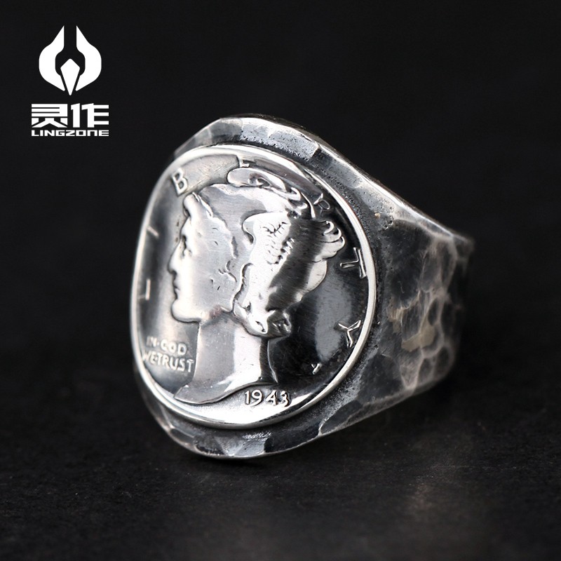 灵作银饰 全手打小飞人硬币改制手工敲击锤纹戒指999纯银原创设计