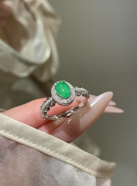 天然阳绿翡翠S925纯银戒指个性时尚简约宝石指环送朋友礼物