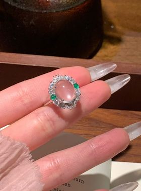 天然水沫玉戒指女轻奢高级感S925纯银新中式国风白冰蛋面玻璃种