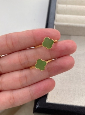 天然和田玉碧玉四叶草戒指 925银镶嵌清新设计