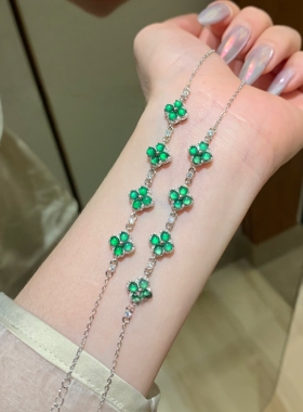 天然危料翡翠阳绿手链蓝水翡翠四叶草s925纯银时尚百搭气质带证书