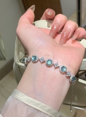 蓝水翡翠手链女款四叶草925纯银轻奢小众百搭送证书礼盒