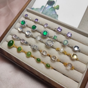 多款天然水沫玉玉髓水晶和田玉碧玉戒指S925银镶嵌活口女戒精致