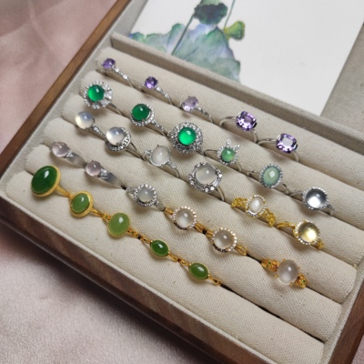 多款天然水沫玉玉髓水晶和田玉碧玉戒指S925银镶嵌活口女戒精致