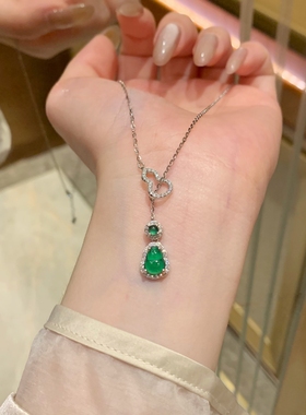 天然危料阳绿葫芦翡翠项坠s925银镶嵌设计款锁骨链套链女送证书