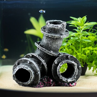 鱼缸造景创意仿真管道海底残骸水族箱装饰摆件树脂鱼虾穿行躲避屋