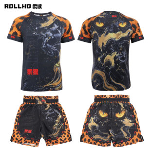 柔猴黑金豹纹身速干运动服男格斗泰拳击武术短袖短裤搏击服套装