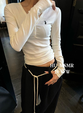 HU MSMR韩版修身显瘦V领长袖T恤2024秋季新款气质时尚百搭打底衫