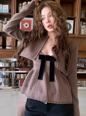 HOLDER十三行2025秋季新款韩系蝴蝶结针织背心上衣+开衫两件套女