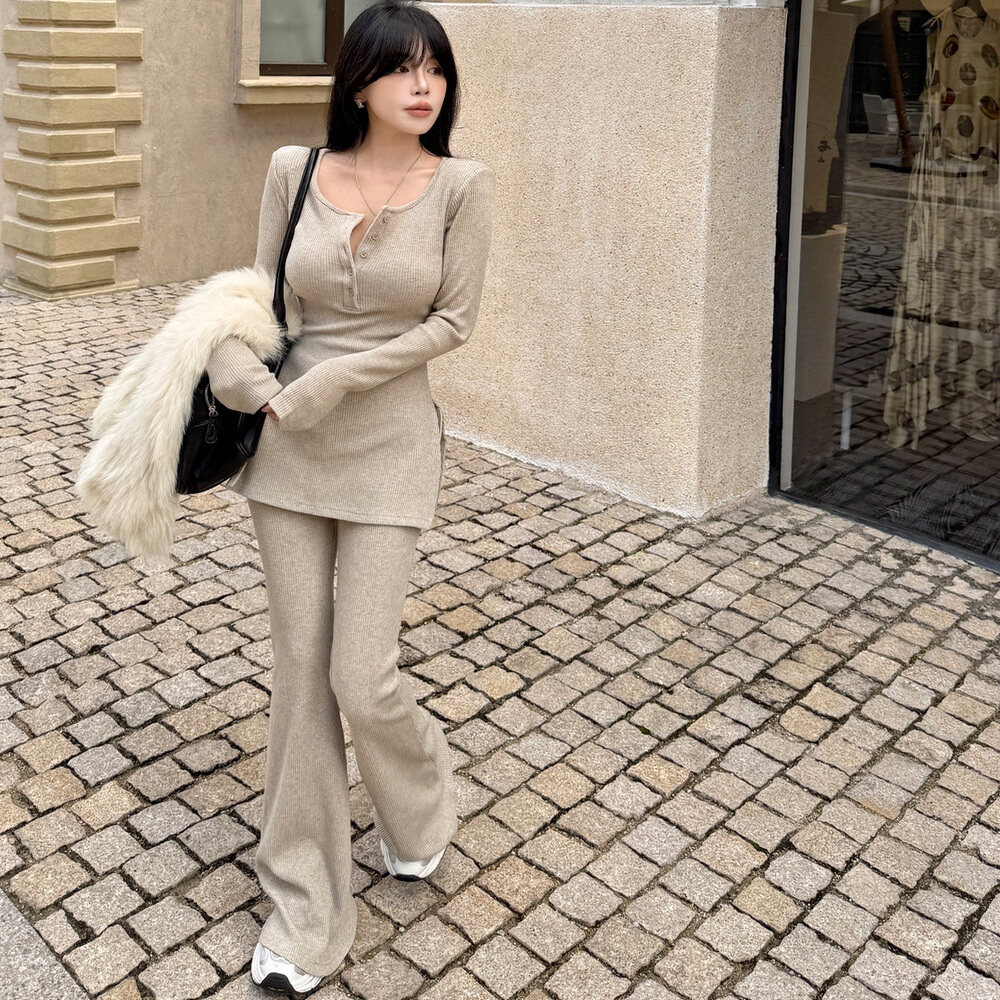 ALA韩版2025冬季新款时尚气质显瘦磨毛长袖T恤+休闲百搭长裤套装