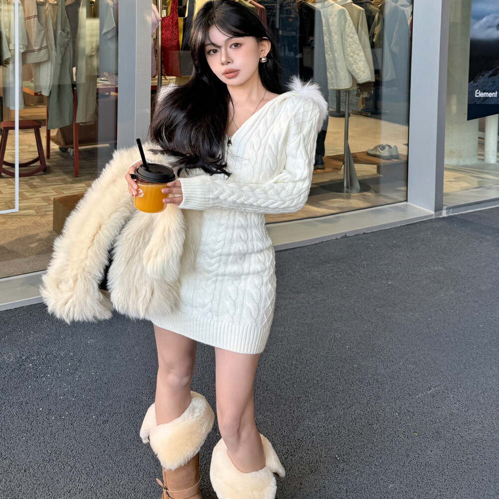 2025冬季新款连帽毛衣连衣裙