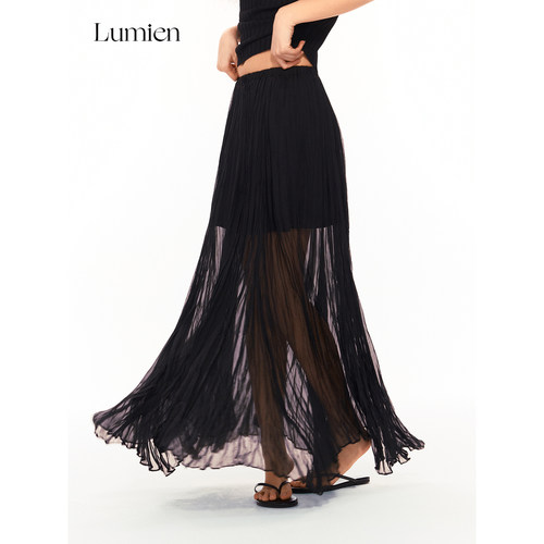 LUMIEN 黑色雪纺天丝褶皱半身裙女春季新款高腰a字显瘦纱裙长裙