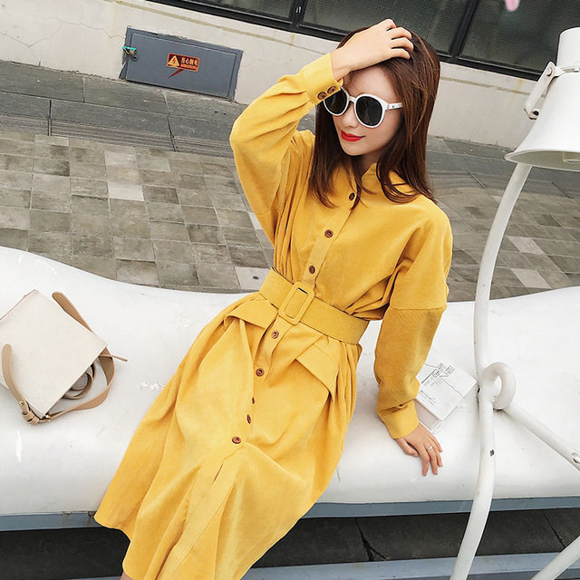 三木呢同款2023秋新款女装灯芯绒长袖过膝大码宽松显瘦衬衣长裙子