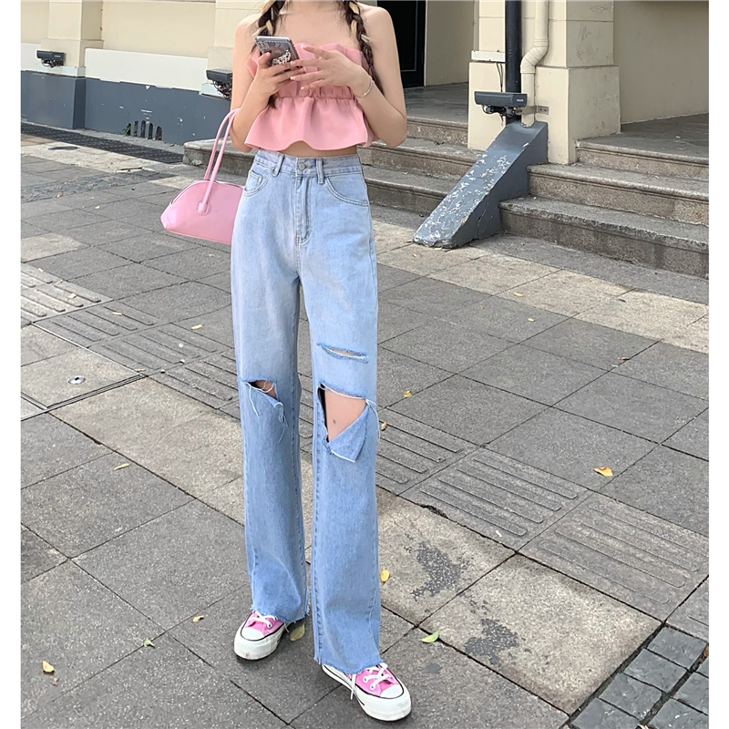Real shot hole gradual change straight jeans women's high waist loose sag American retro beggars wide leg pants floor pants