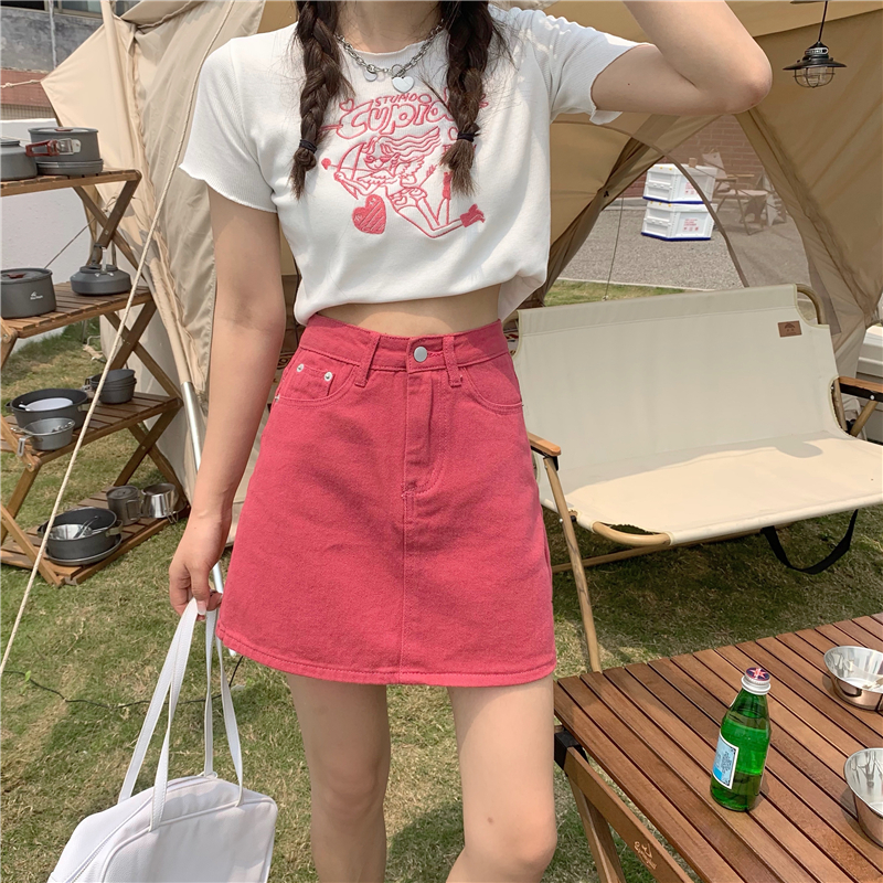 Real price high waist denim skirt women's new fashion Korean version show thin hip skirt red A-line skirt