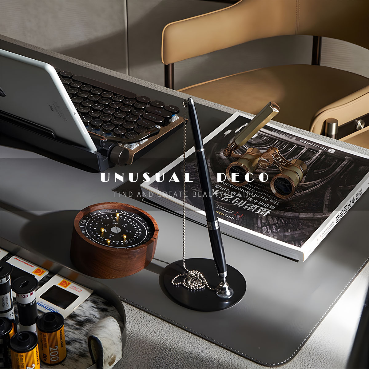 unusual 书房桌面日历组合摆件现代样板间客厅书桌放大镜杂志饰品