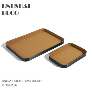 现代简约欧式轻奢金属皮质长方形托盘摆件样板房售楼处软装饰品