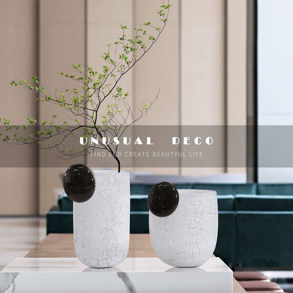 unusual 轻奢现代黑白裂纹玻璃花器样板间民宿水培花瓶装饰品摆件