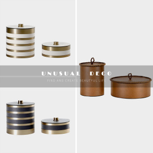 UNUSUAL 饰品摆件 现代样板间纯色条纹皮革饰品收纳盒卧室储物盒装