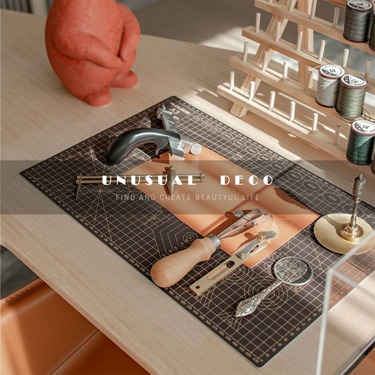 unusual 手工组合摆件样板间书房桌面装饰亚克力皮具缝补工具量尺