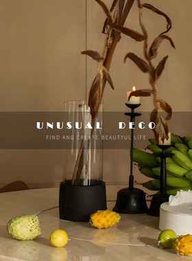 UNUSUAL 侘寂现代样板间客厅餐厅桌面黑色木质花器金属烛台摆件