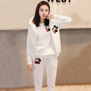 2021秋冬学生米奇纯棉加绒加厚连帽卫衣外套马甲三件套女装