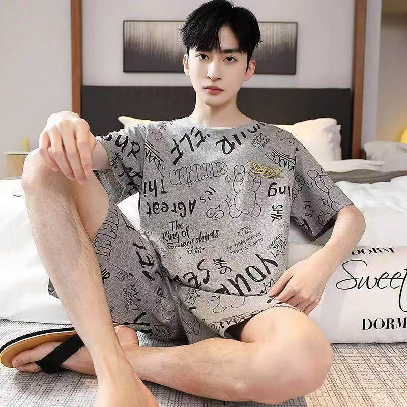 夏季薄款短袖短裤套装纯棉睡衣男士休闲简约加肥加大青少年家居服