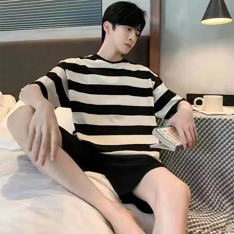 睡衣男士纯棉夏季青少年短袖套装