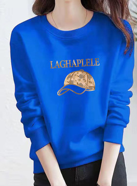 高端纯棉白色厚棉T女2025春秋新款宽松显瘦圆领套头加绒长袖上衣