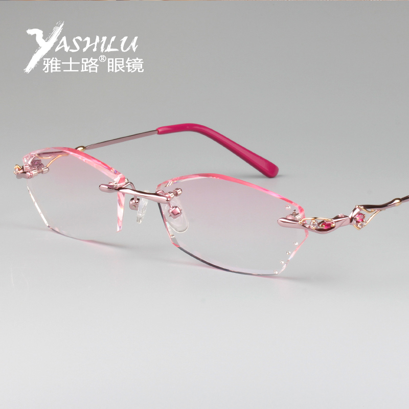 时尚渐进色镶钻石水晶切边女 钛合金成品眼镜无框近视眼镜框093