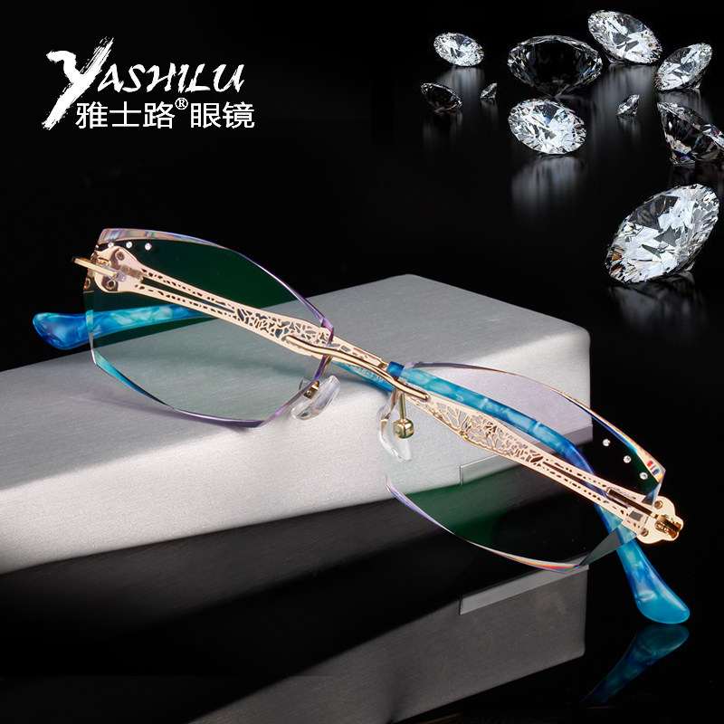 新品镂空钻石花切边超轻无螺丝锁扣八孔无框近视眼镜女款切片080