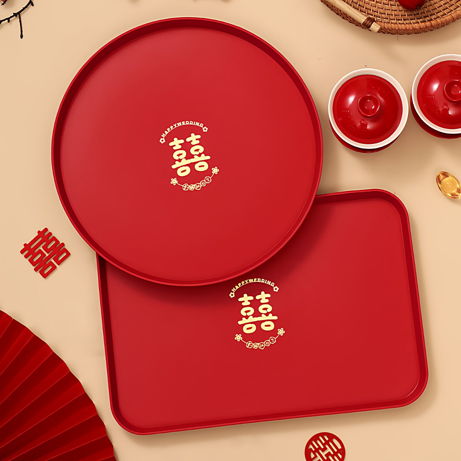 结婚果盘喜糖盘客厅红色喜庆敬酒敬茶托盘婚礼用的喜盘子婚庆用品