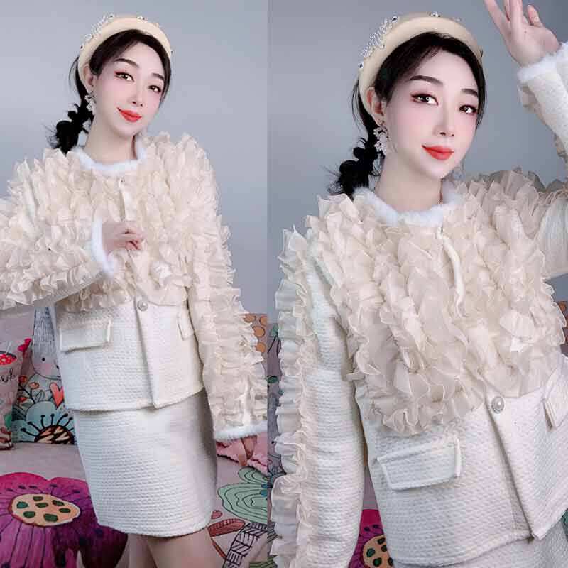 2025秋装新款原创设计感木耳边重工潮牌显瘦仙女毛呢子外套装套裙