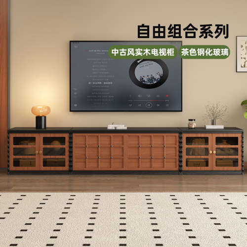 中古风电视柜家用客厅小户型新款法式黑色茶几组合实木复古储物柜