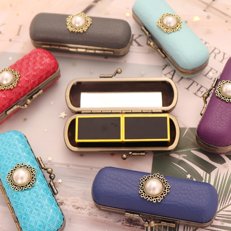 包邮 复古环保皮质文艺典雅单条装口红盒首饰盒唇膏收纳盒带镜子