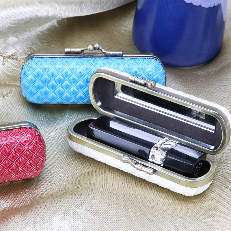 包邮 钻石纹皮质古铜首饰盒带镜子口红盒子保护唇膏放包包防折断