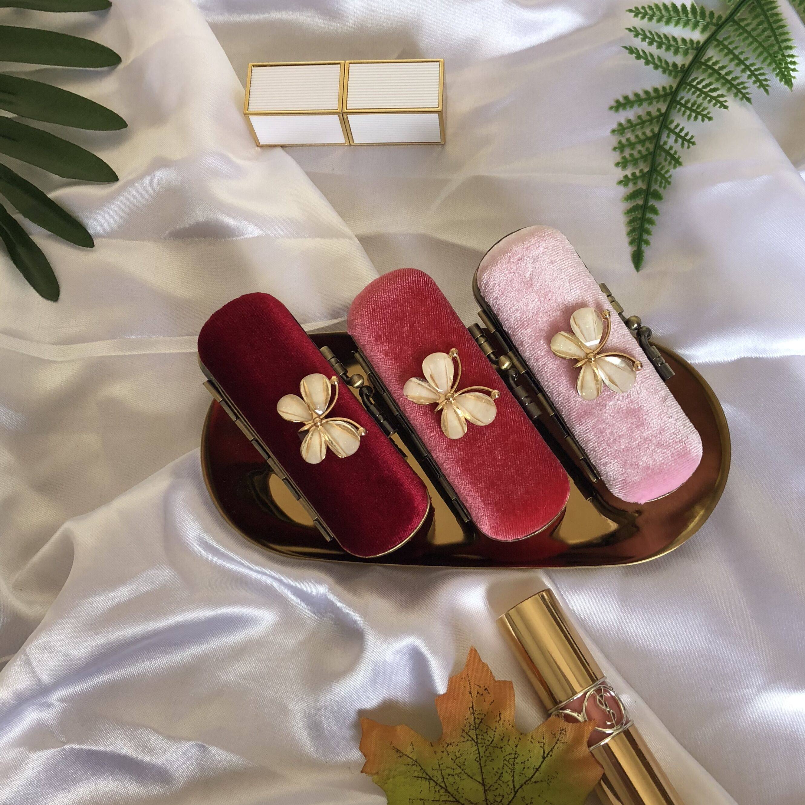 包邮 丝绒蝴蝶 手作复古口红口金唇膏盒子礼物盒带镜子