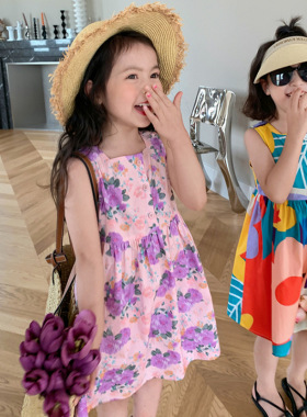 女童裙子花朵几何前排扣背心裙连衣裙26夏装新款童装