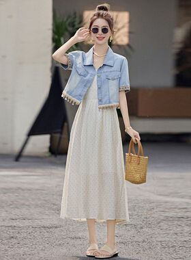 2025春夏新款小香风中袖牛仔短外套+圆点吊带裙两件套小仙女套裙