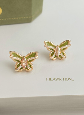 原创设计微镶锆石镀银针珐琅滴釉森系蝴蝶耳饰 清新甜美耳钉工厂