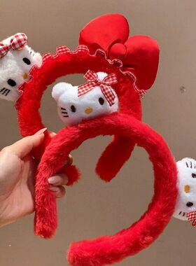 卡通红色新年Kitty蝴蝶结毛绒发箍女高颅顶可爱头箍外戴压发头饰