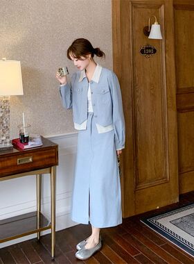 时尚条纹套装拼接休闲蓝色半身裙套装女春秋2025新款气质两件套