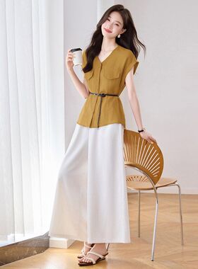 法式设计感无袖衬衫休闲阔腿裤两件套2025夏新款时尚气质套装女