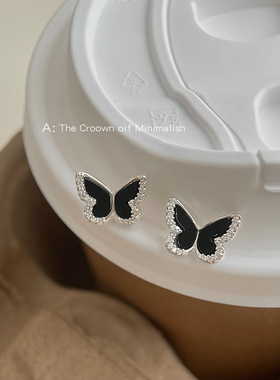微镶锆石甜酷风黑色蝴蝶耳钉小众个性设计感通勤百搭春夏小巧耳饰