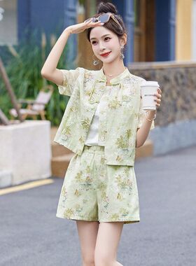 新中式国风短裤套装女2024夏季新款小个子百搭小清新甜系两件套