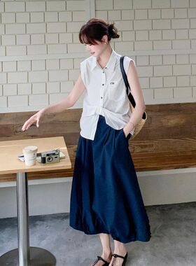 设计感翻领无袖衬衫花苞半身裙套装两件套女夏季2026新款显瘦穿搭