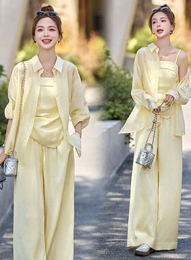 夏日绝美套装女2025夏新款休闲防晒衬衫洋气减龄显瘦阔腿裤三件套