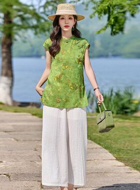 新中式套装女2026夏季植物花卉印花时尚通勤减龄两件套气质穿搭